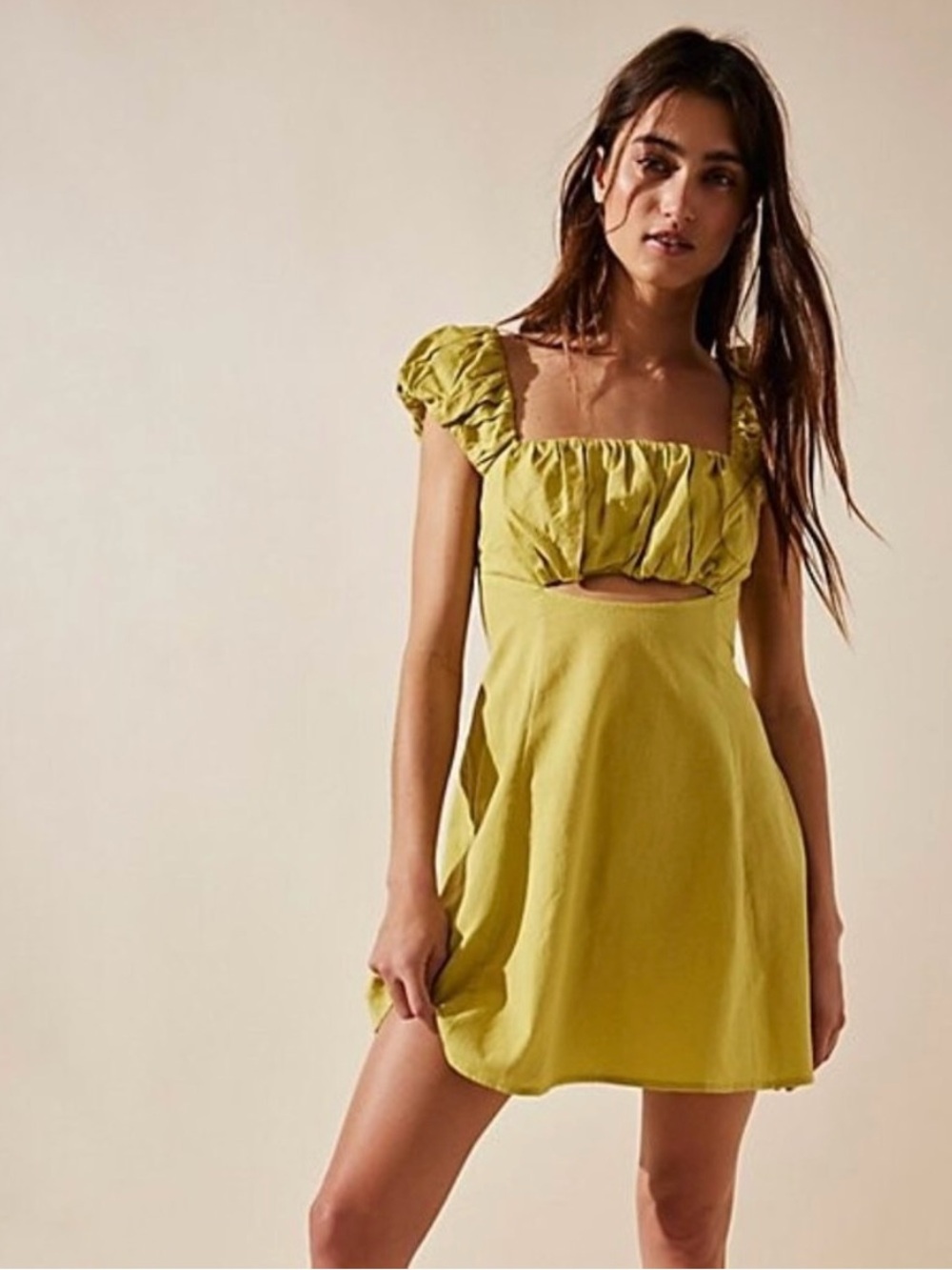 NWT Free People Olive-Green Puff Sleeve Cutout Mini Dress